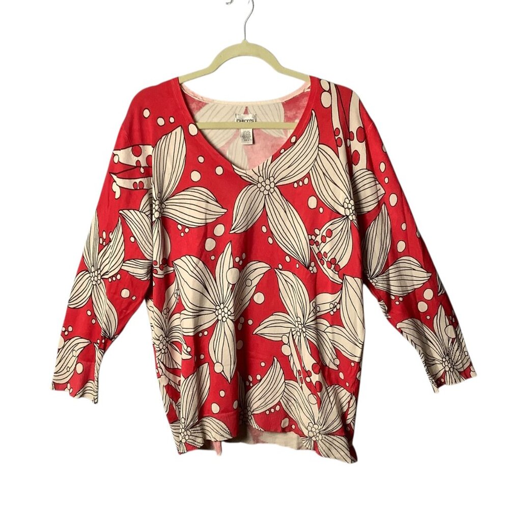 Chico's Red Floral V-Neck Sweater Silk Blend XL Size 3 Graphic Print
